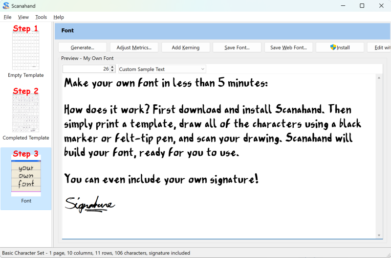 Scanahand interface overview – font generator showing preview of a handwriting font